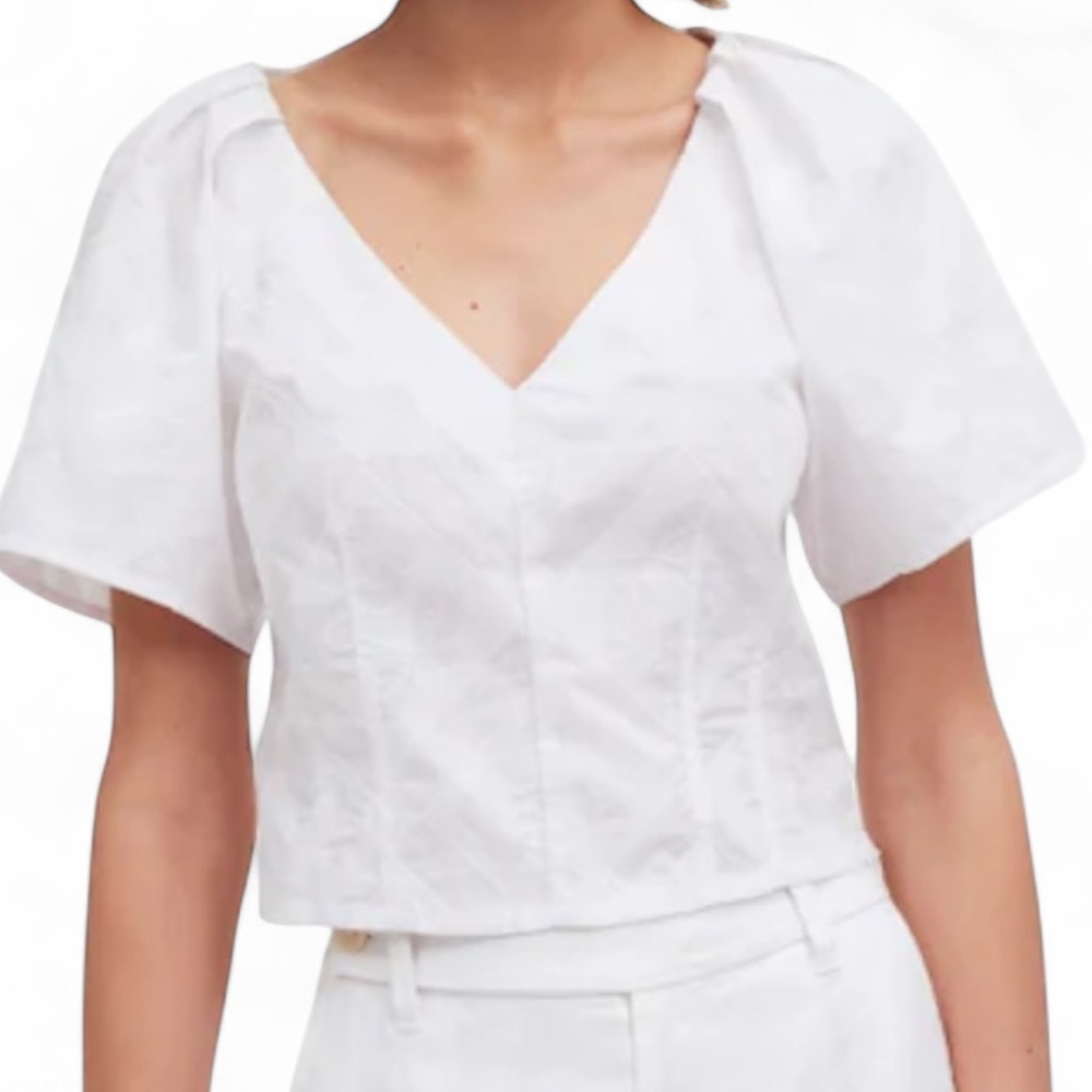 MADEWELL Darted V-Neck Top Embroidered Geo Floral White Puff Sleeve Blouse | 8